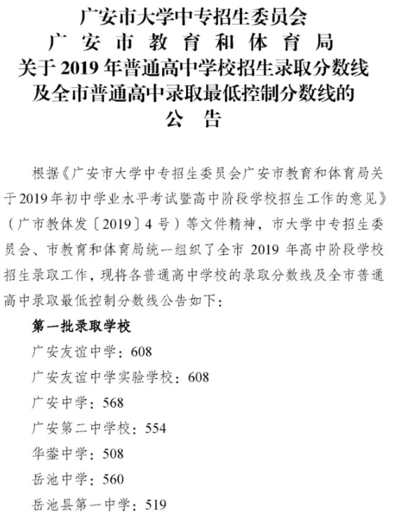 2019广安录取分数